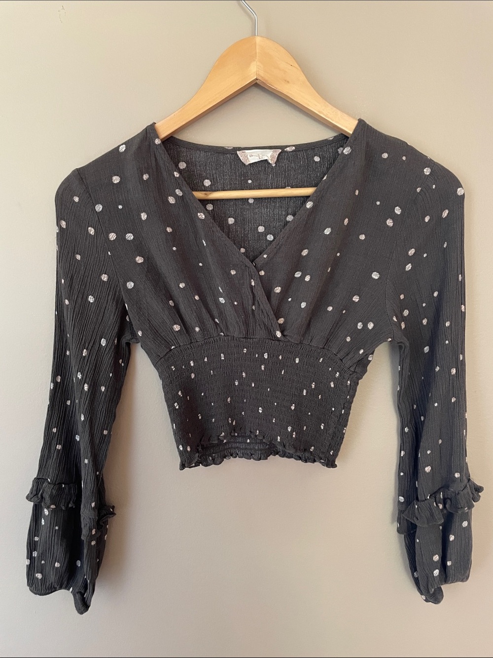 Altar'd State Black White Polka Dot Smocked Wrap Crop Blouse
